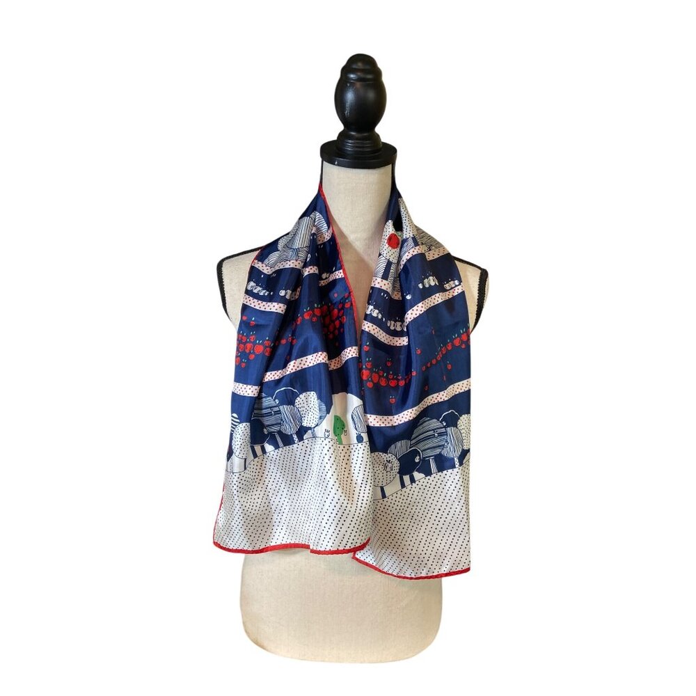 Vintage Barr Beards Womens Rectangle Scarf Apple Tree Polka Dot Red Blue Japan